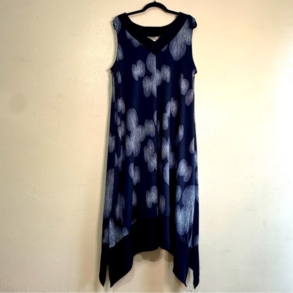 Anthony Richards Elegant Navy Sleeveless Dress w/light blue pattern. Sz XL.